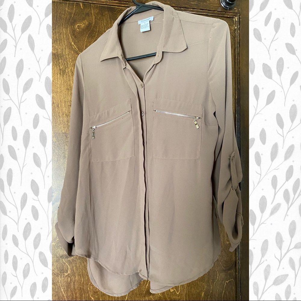 NEW Sheer tan blouse with zipper accents